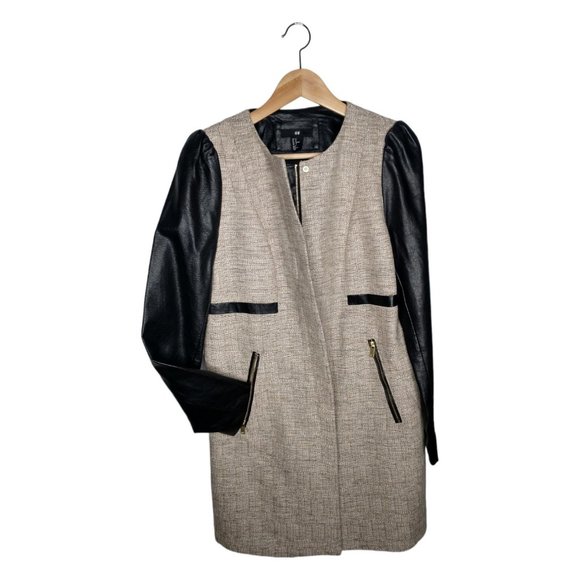 H&M Mixed Media Coat Size 12 Boucle Vegan Leather Topper - Picture 5 of 11